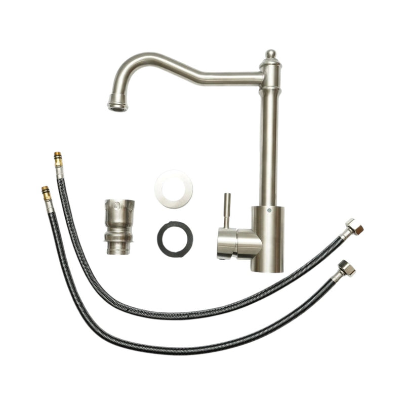 Rubinetto da cucina in stile rétro con canna alta girevole a collo di cigno, monocomando, finitura nichel satinato, in acciaio inox, flessibili inclusi.