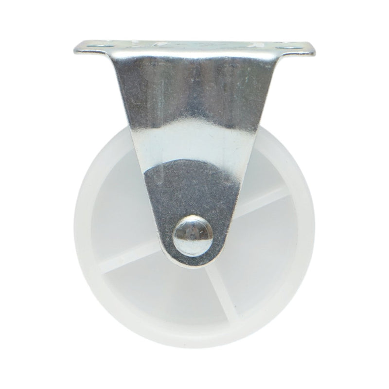 Ruota fissa 73x25 mm senza freno, in polipropilene bianco, piastra in acciaio 70x44 mm, portata 45 kg