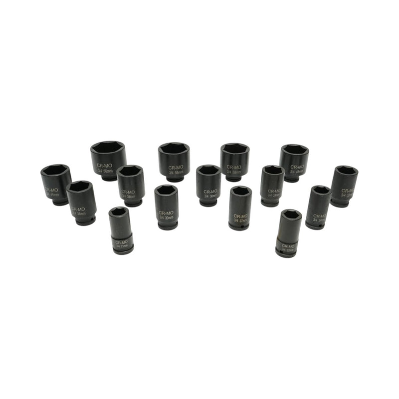 Set di 15 bussole a impatto lunghe, 22–60 mm, attacco 3/4", Cr-Mo Breckner Germany