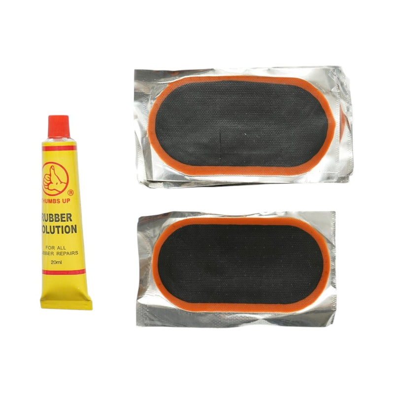 Set di 8 toppe ovali per la vulcanizzazione di pneumatici e camere d'aria (50x100 mm) + 1 tubetto di adesivo (20 ml)