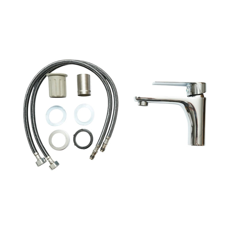 Miscelatore lavabo bagno di forma rotonda, monocomando, finitura cromo lucido, acciaio inox, flessibili inclusi