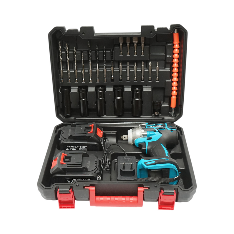 Avvitatore a impulsi da 1/2", due batterie agli ioni di litio da 21 V e 3 Ah, luce LED, motore brushless, coppia di 400 Nm; include bussole, punte da trapano e inserti per avvitatore (set da 31 pezzi) Breckner Germany