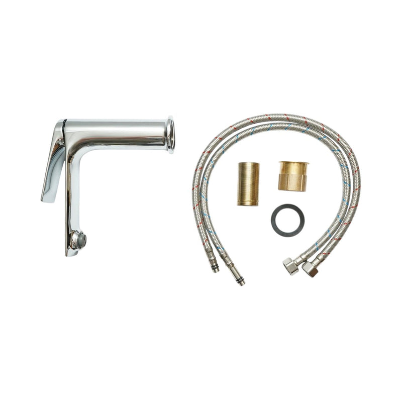 Rubinetto di alta qualità in rame per lavabo da bagno, con bocca lunga, design rotondo, monocomando, finitura cromata lucida e flessibili inclusi.
