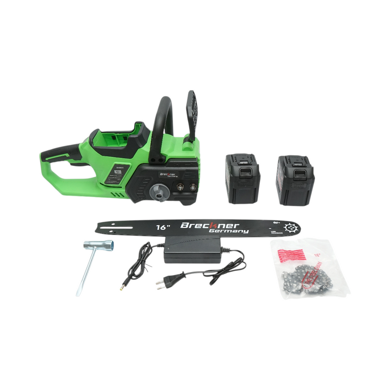 Motosega elettrica professionale con due batterie agli ioni di litio da 40 V e 4 Ah, display digitale a LED e barra da 16 pollici (400 mm). Breckner Germany