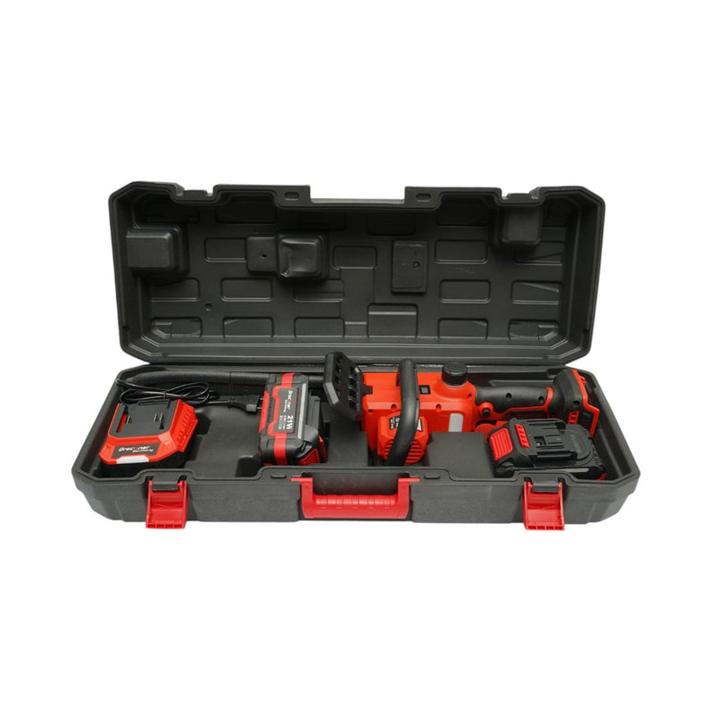 Mini motosega elettrica da 800 W con due batterie agli ioni di litio da 21 V e 4 Ah, motore brushless, barra da 12 pollici (300 mm), capacità di taglio di 260 mm e display digitale a LED. Breckner Germany