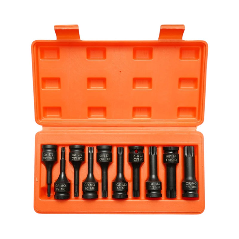 Set di 10 bussole con inserti scanalati XZN (M5–M18), attacco da 1/2", in acciaio Cr-Mo Breckner Germany