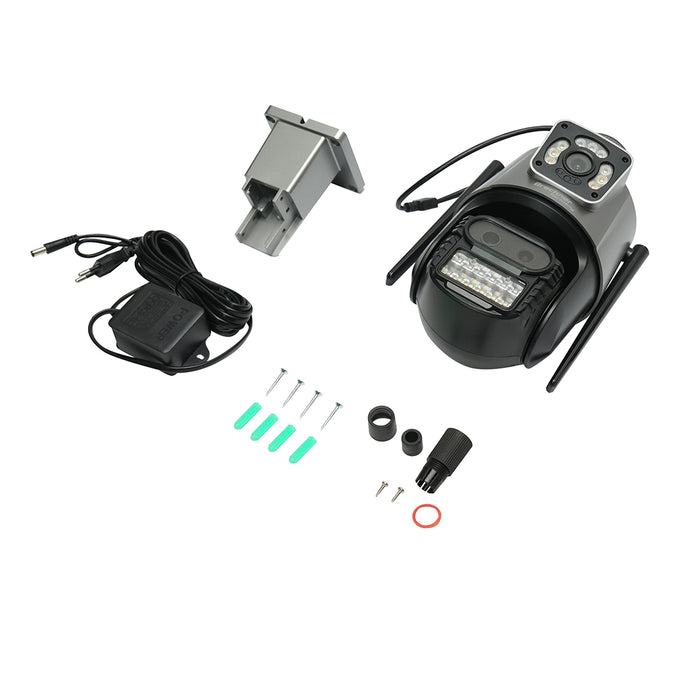 Telecamera di sorveglianza con 3 lenti, 2 obiettivi da 9 MP, P2P WIFI 2.4GHz, PTZ con sensore di movimento, sirena, rilevamento umano e applicazione iCSee
