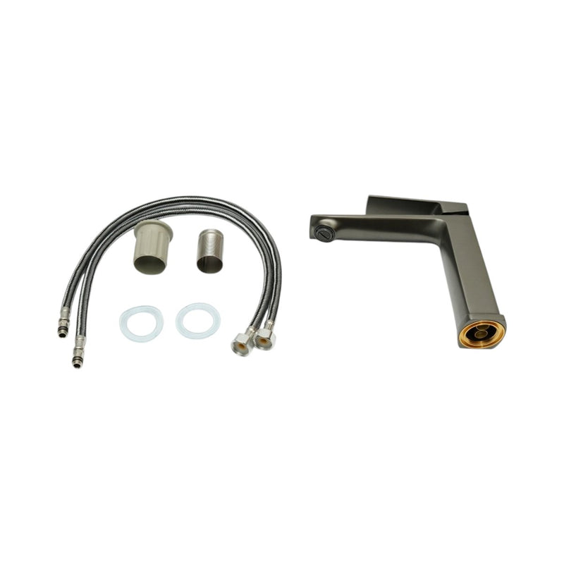 Miscelatore alto a sezione quadrata per lavabo, monocomando, finitura grigio grafite satinato, acciaio inox, flessibili inclusi
