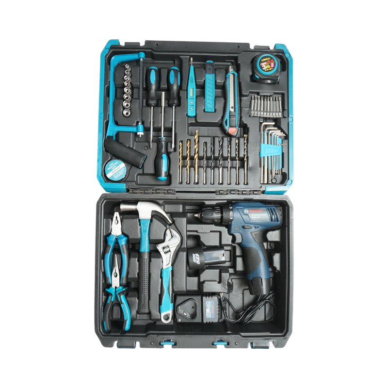 Trapano-avvitatore professionale con due batterie da 12 V/2,0 Ah e un set di utensili da 49 pezzi.
