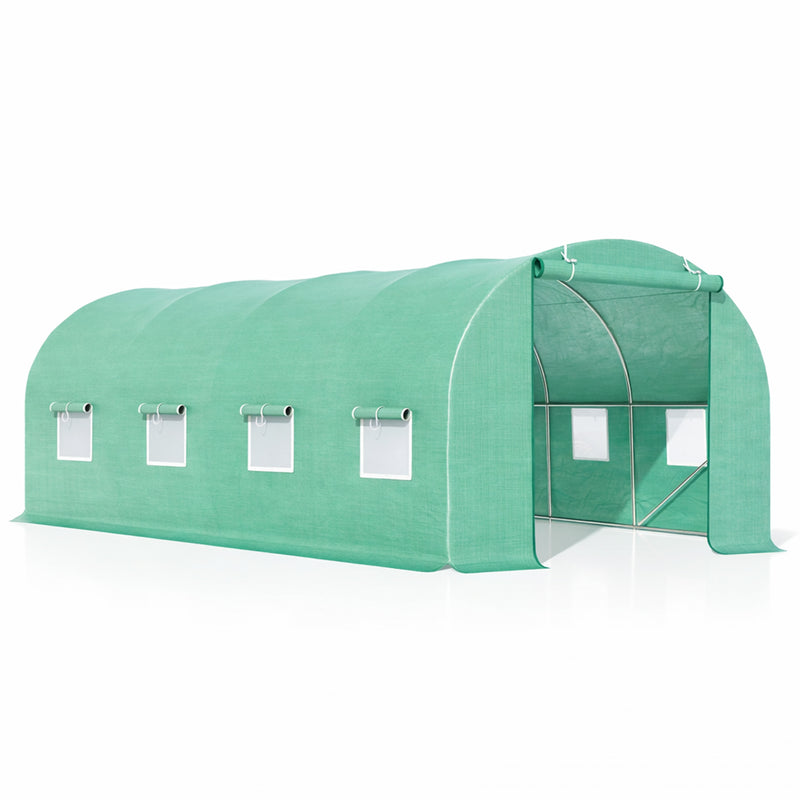 Serra da giardino 400×300×200 cm, telo verde in PE con rete 140 g/m² anti-UV, 1 porta, 8 finestre, tubo in acciaio zincato 19 mm THOR