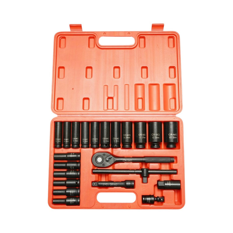 Set di 23 bussole lunghe da 1/2" in acciaio al cromo-molibdeno (8–32 mm), comprensivo di cricchetto, prolunga da 127 mm, impugnatura a T e snodo cardanico Breckner Germany