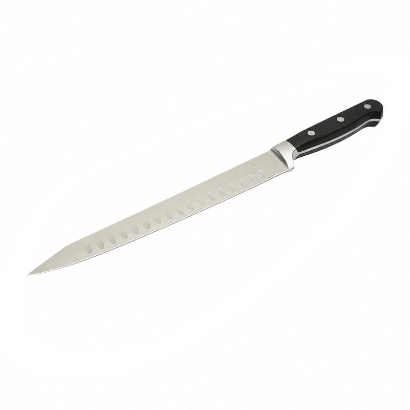 Coltello professionale per affettare da 25 cm, lama in acciaio 5Cr15MoV con filo alveolato, manico in ABS nero. Breckner Germany