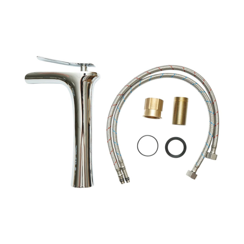 Rubinetto alto di alta qualità per lavabo da bagno in rame, con erogazione a cascata, design rotondo, miscelatore monocomando, finitura cromata lucida e flessibili inclusi.