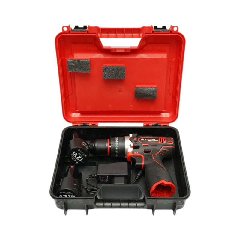 Trapano avvitatore a percussione a batteria, due batterie Li-Ion da 12 V 1,5 Ah, LED, 25 Nm, mandrino da 10 mm, 0-400/1500 giri/min Breckner Germany