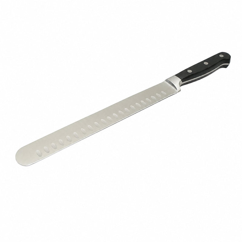 Coltello professionale per affettare da 25 cm, lama in acciaio 5Cr15MoV con filo alveolato, manico in ABS nero. Breckner Germany