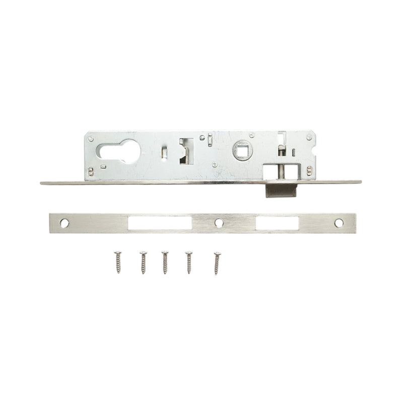 Serratura da infilare con scrocco, scatola 38x174 mm, frontale 16x240 mm, finitura nichel satinato, viti incluse.