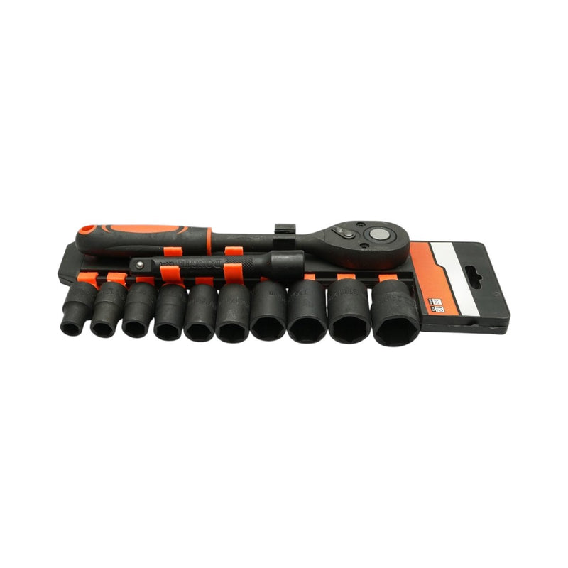 Set di 12 bussole con attacco da 1/2" (10–24 mm), completo di prolunga da 125 mm e chiave a cricchetto; in acciaio al cromo-vanadio (Cr-V). Breckner Germany