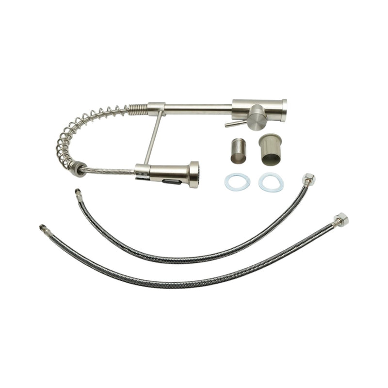 Rubinetto per lavello cucina con doccetta estraibile, molla flessibile, aeratore a due funzioni, finitura in acciaio inox satinato, lega di zinco, tubi di collegamento inclusi.