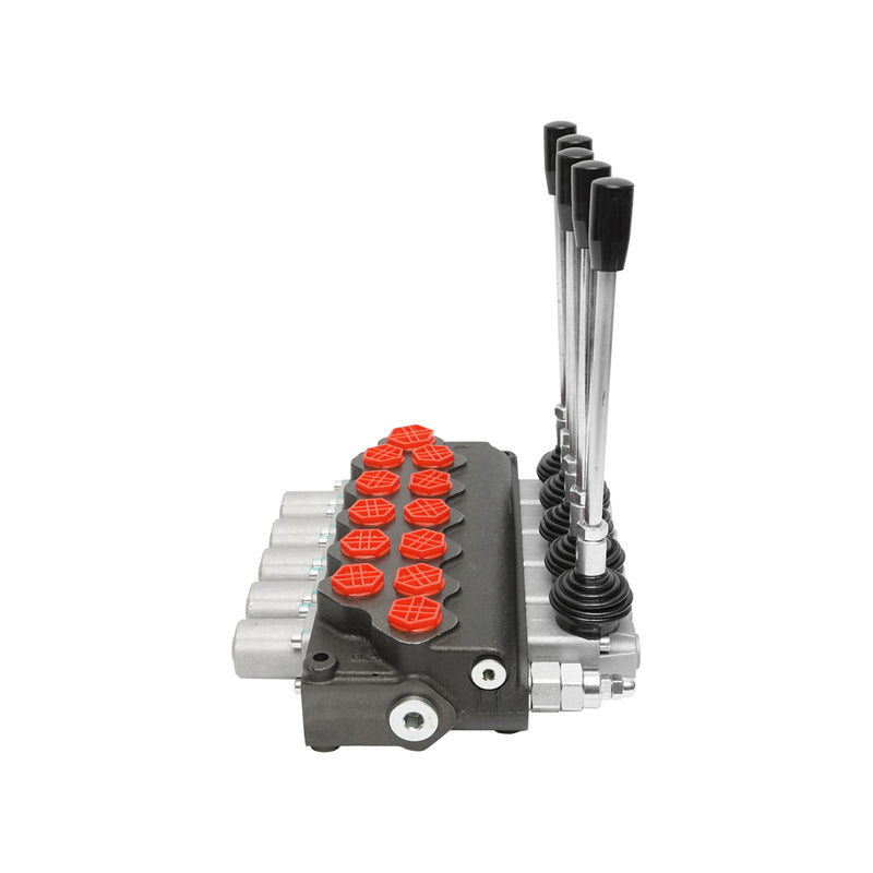 Distributore idraulico a 5 leve, con valvola di sicurezza SD11, portata 80 L/min, leva e riduzione -15/+80. Breckner Germany