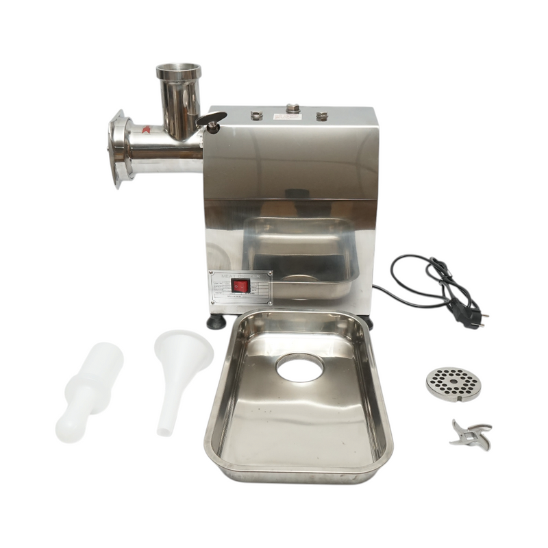 Tritacarne elettrico in acciaio inox 2000W, 220V, capacità 250 kg/h, adattatore per salsicce, 1 piastra e 1 coltello inclusi – 410 × 240 × 450 mm