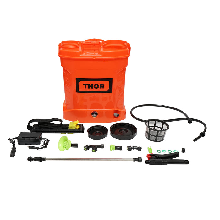 Pompa di spruzzatura, vermorel elettrico con serbatoio da 12L, batteria 12V, 4 ugelli intercambiabili THOR