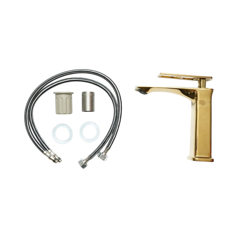 Miscelatore alto a base quadrata per lavabo, monocomando, finitura oro lucido, lega di zinco, flessibili inclusi