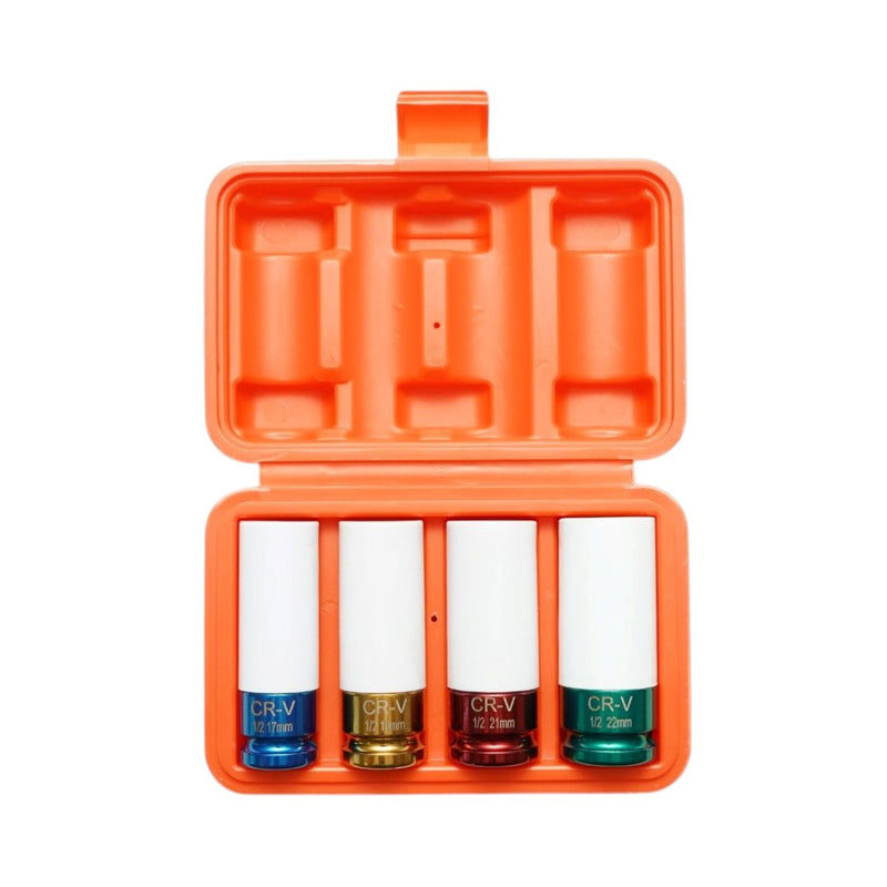 Set di bussole a impatto per dadi ruota con protezione per cerchi (17 mm, 19 mm, 21 mm, 22 mm; attacco da 1/2"; Cr-V) Breckner Germany