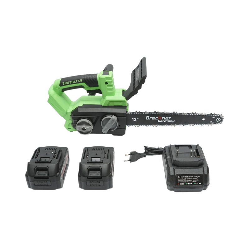 Motosega elettrica professionale con due batterie agli ioni di litio da 20 V e 4 Ah, motore brushless, display digitale a LED e barra da 12 pollici (300 mm). Breckner Germany
