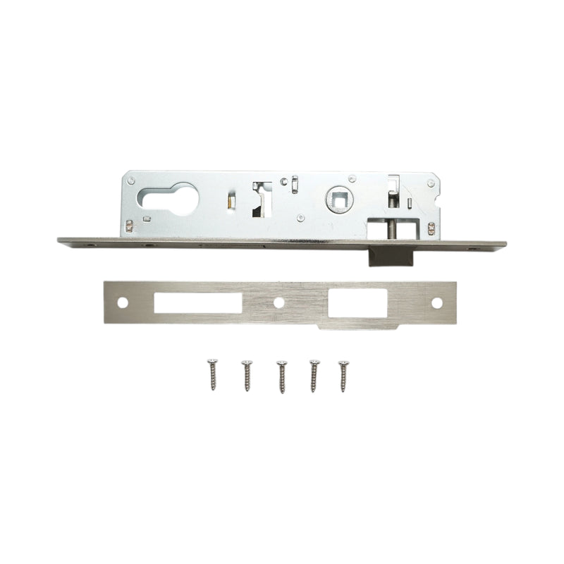 Serratura da infilare con scrocco, scatola 38x174 mm, frontale 23x240 mm, finitura nichel satinato, viti incluse.