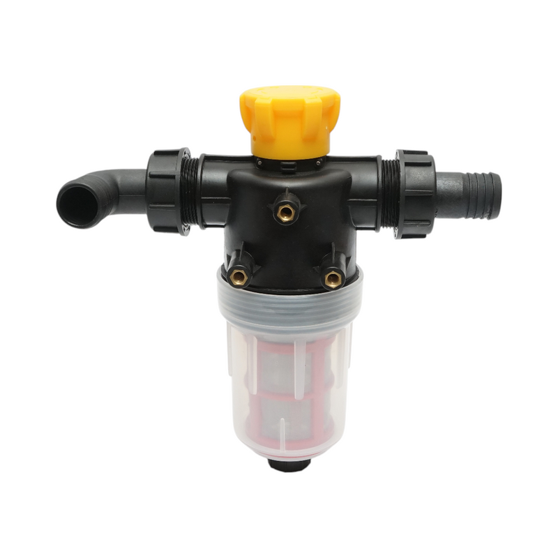 Filtro trasparente per irroratrice con doppia rete e valvola autopulente, attacco da 32 mm.