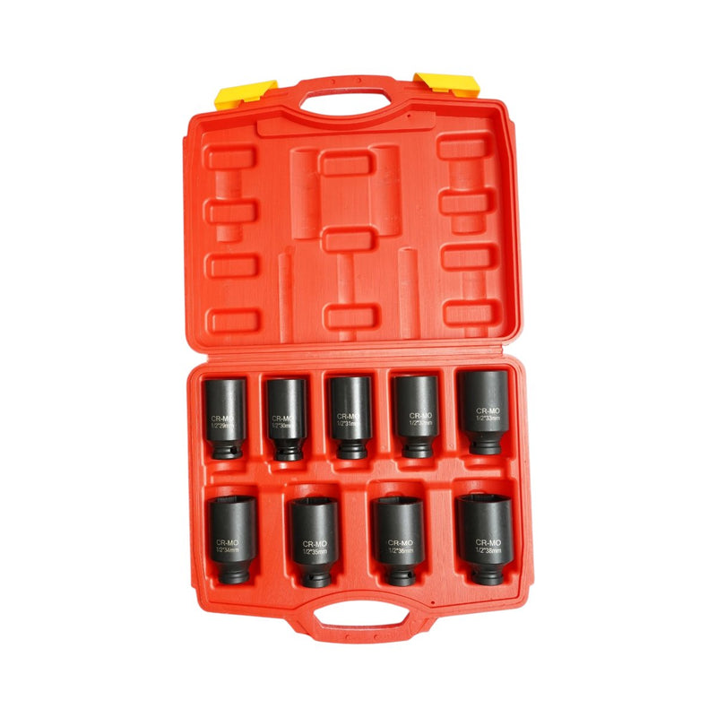 Set di 9 bussole lunghe per dadi dell'asse con attacco da 1/2" (29–38 mm), in acciaio Cr-Mo Breckner Germany