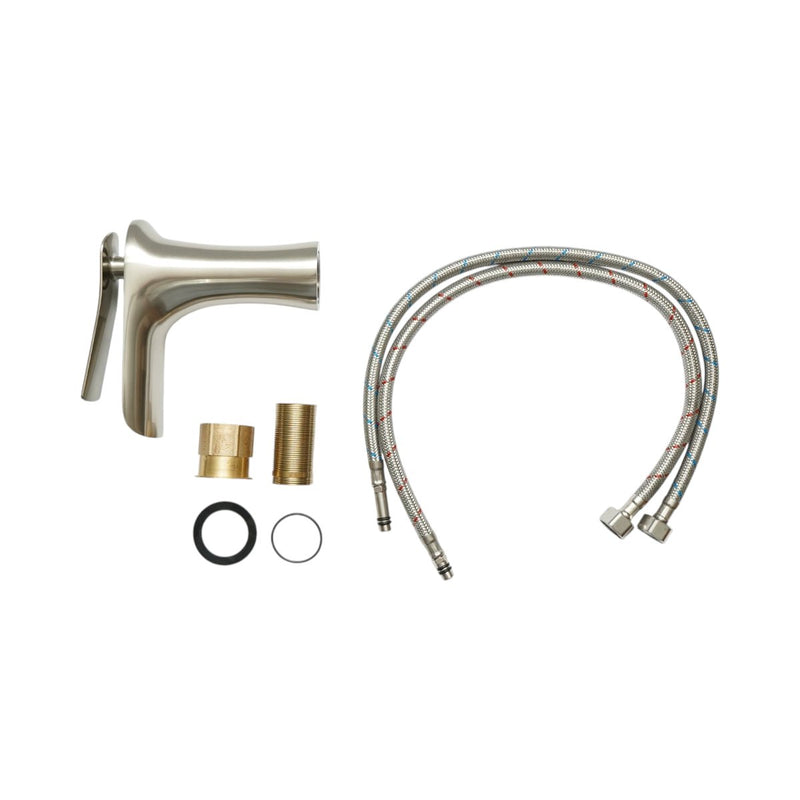 Rubinetto di alta qualità in rame per lavabo da bagno, bocca a cascata, design rotondo, monocomando, finitura argento satinato, flessibili inclusi.