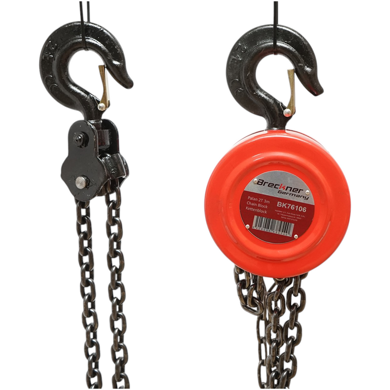 Paranco manuale con catena da 3 m, portata massima 2000 kg, gancio di sicurezza Breckner Germany