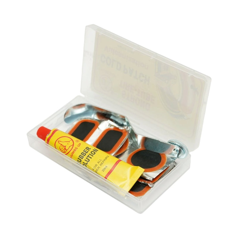 Set di 12 toppe di vulcanizzazione per pneumatici e camere d'aria (25x35 mm, 35 mm, 32x52 mm) + rullo pressore + 1 tubetto di adesivo (20 ml)