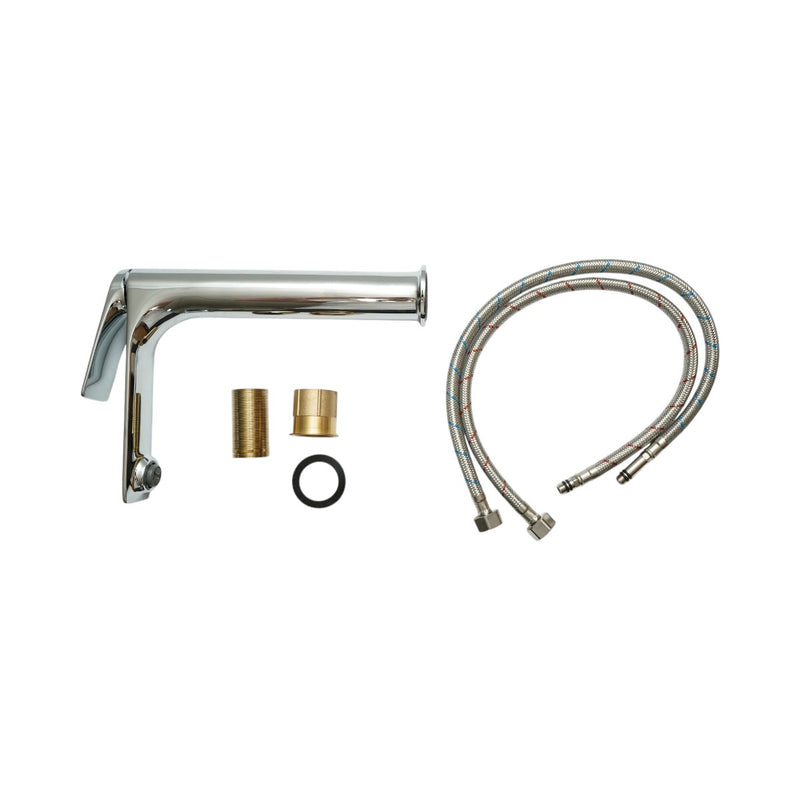 Miscelatore alto di alta qualità per lavabo da bagno in rame, con bocca lunga, design arrotondato, monocomando, finitura cromata lucida e flessibili inclusi.