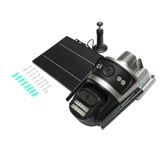 Telecamera di sorveglianza con lente doppia 4 MP, scheda SIM 4G, WIFI 2.4 GHz, pannello solare 7.6W, batteria 18650 a ricarica rapida, rotazione 360° PTZ con sensore di movimento, rilevamento umano PIR, allarme, visione notturna e applicazione iCSee