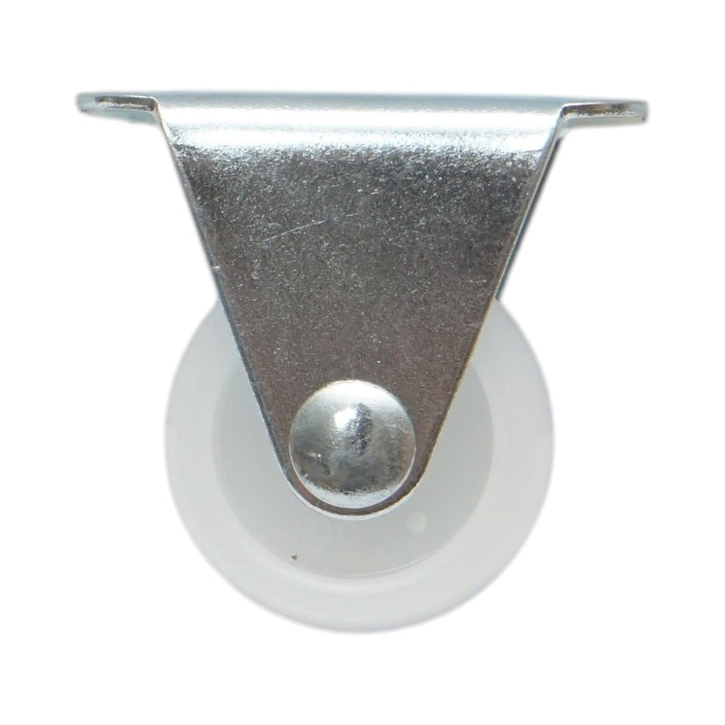 Ruota fissa 25x14 mm senza freno, in polipropilene bianco, piastra in acciaio 37x19 mm, portata 10 kg