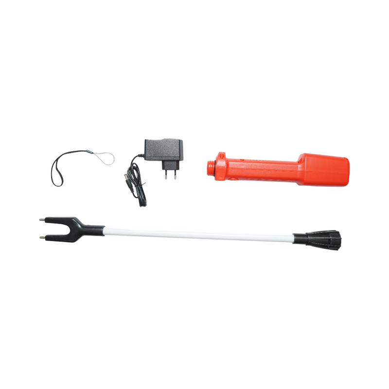 Pungolo elettrico per bestiame da 1100 V con batteria ricaricabile da 8,4 V e 2200 mAh, indicatore di carica e asta da 60 cm.