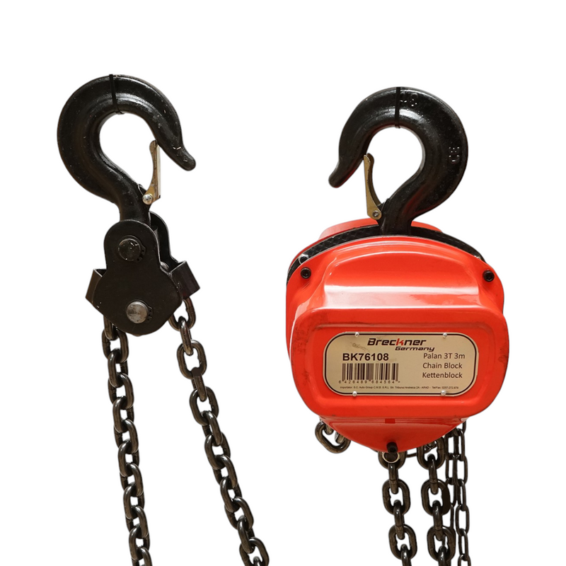 Paranco manuale con catena da 3 m, portata massima 3000 kg, gancio di sicurezza Breckner Germany