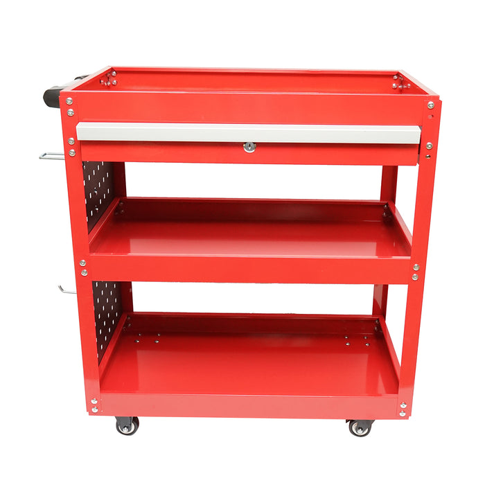 Carrello metallico su ruote con 3 ripiani, supporti e cassetto per attrezzi 660x360x730mm.