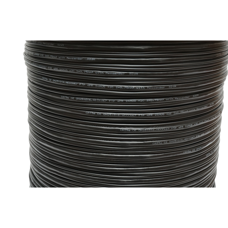 Cavo FTP CAT5e Siamese 8x0,51 rame + 2x0,75mm CCA alimentazione con cavo portante da 1,16mm per esterni autoportante 305m/rotolo