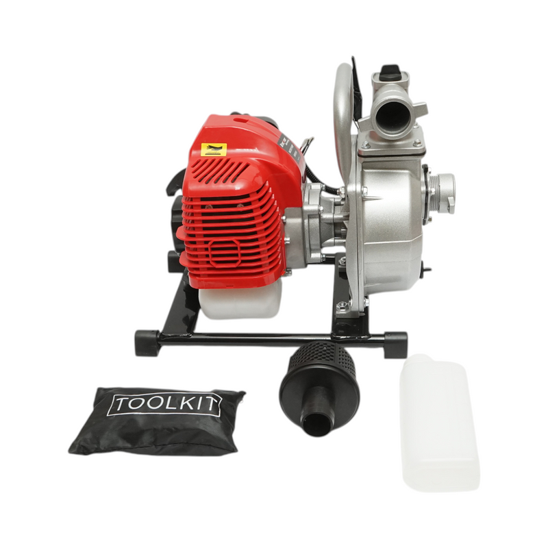 Motopompa a benzina da 2,2 CV, motore a 2 tempi da 52 cc, attacco da 1,5 pollici, portata 15 m³/h, autoadescante, profondità di aspirazione 15 m, prevalenza 22 m. Breckner Germany