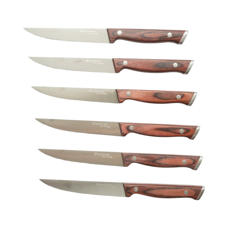 Set di 6 coltelli da bistecca (12,5 cm), lama seghettata in acciaio 3Cr13, manico in legno Pakka. Breckner Germany