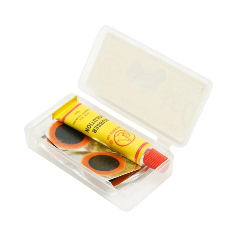 Set di 5 toppe vulcanizzanti per camere d'aria di biciclette, moto, carriole e tuk-tuk (24x35 mm, 25 mm, 32x50 mm) + 1 tubetto di adesivo (8 ml)