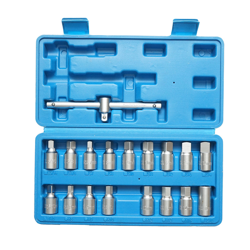 Set di chiavi a bussola esagonale 8-14 mm, testa quadrata 7-14 mm, testa quadrata 3/8 pollici 18 pezzi