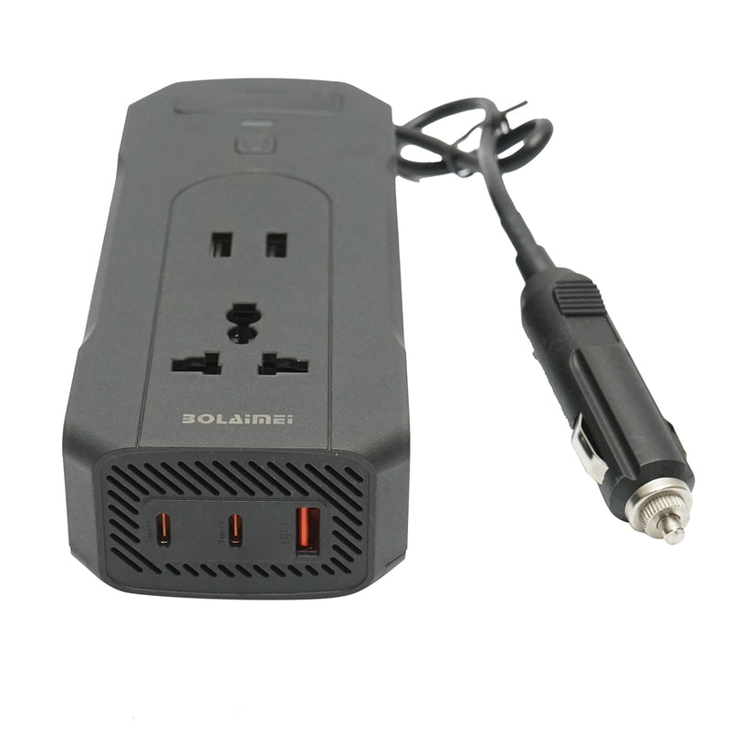 Inverter di potenza 12V-220V da 200W, display LED digitale, onda sinusoidale modificata, porte USB e USB-C, uscita AC per laptop, telefono e frigorifero portatile.