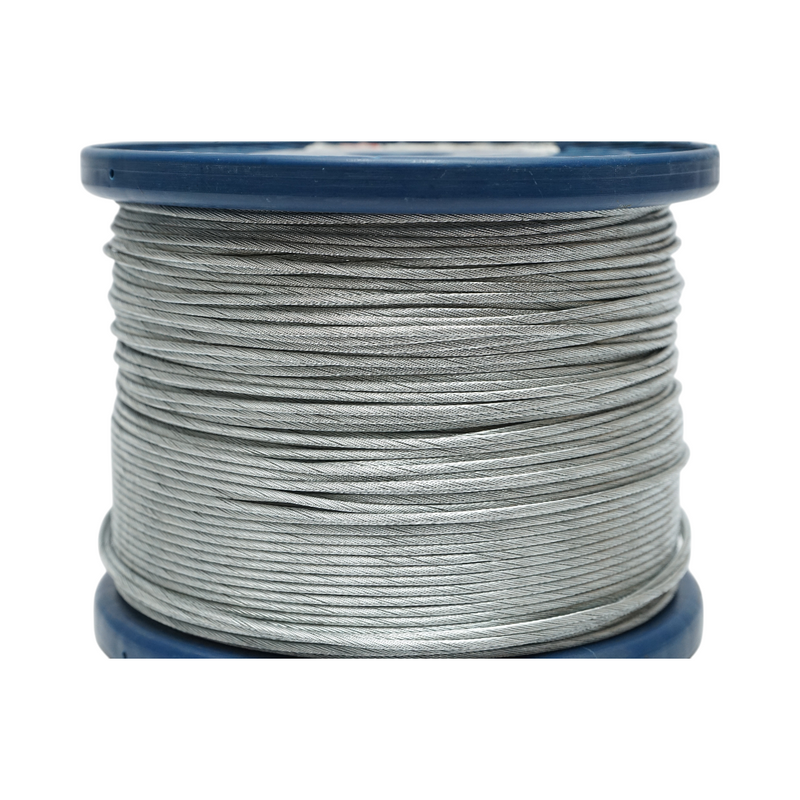 Cavo in acciaio zincato da 1,5 mm, costruzione 1x19, carico massimo 211 kg, peso 5,12 kg, rotolo da 200 m