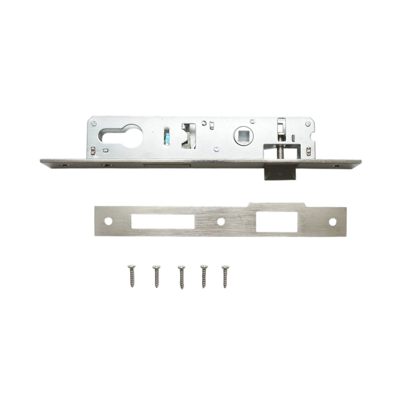 Serratura da infilare con scrocco, scatola 34x174 mm, frontale 23x240 mm, finitura nichel satinato, viti incluse.
