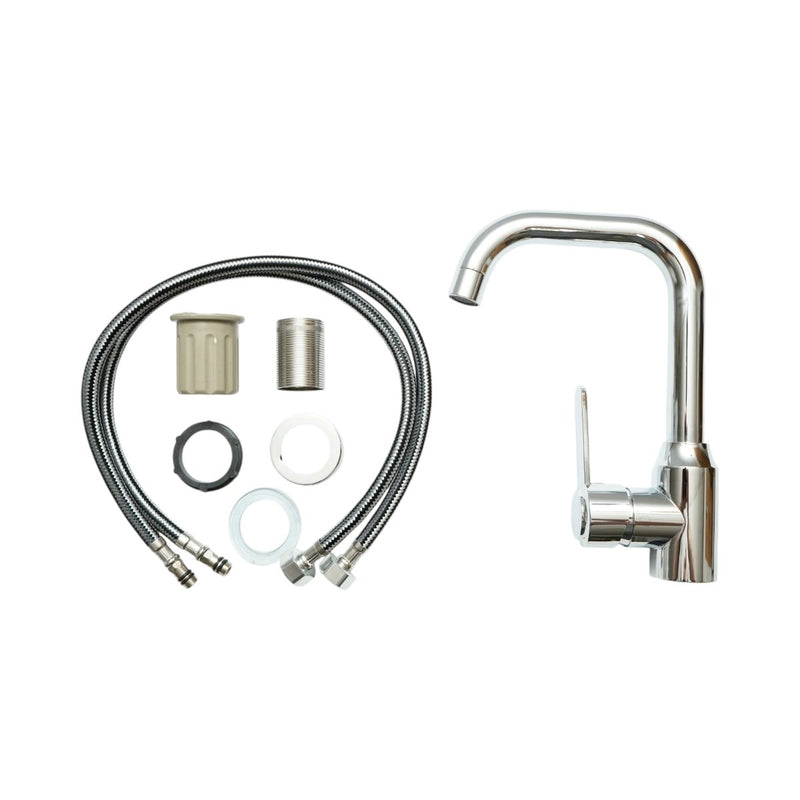 Miscelatore monocomando per lavello cucina con bocca girevole a U, finitura cromata lucida, acciaio inox, flessibili inclusi