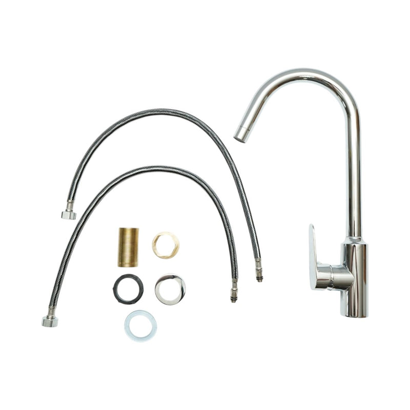Miscelatore monocomando per lavello cucina con bocca alta girevole a forma di U, finitura cromata lucida, acciaio inox, flessibili inclusi.